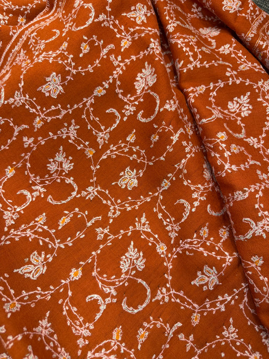 Burnt Terracotta Jama Pashmina Stole — Ivory Full Floral Vine Embroidery