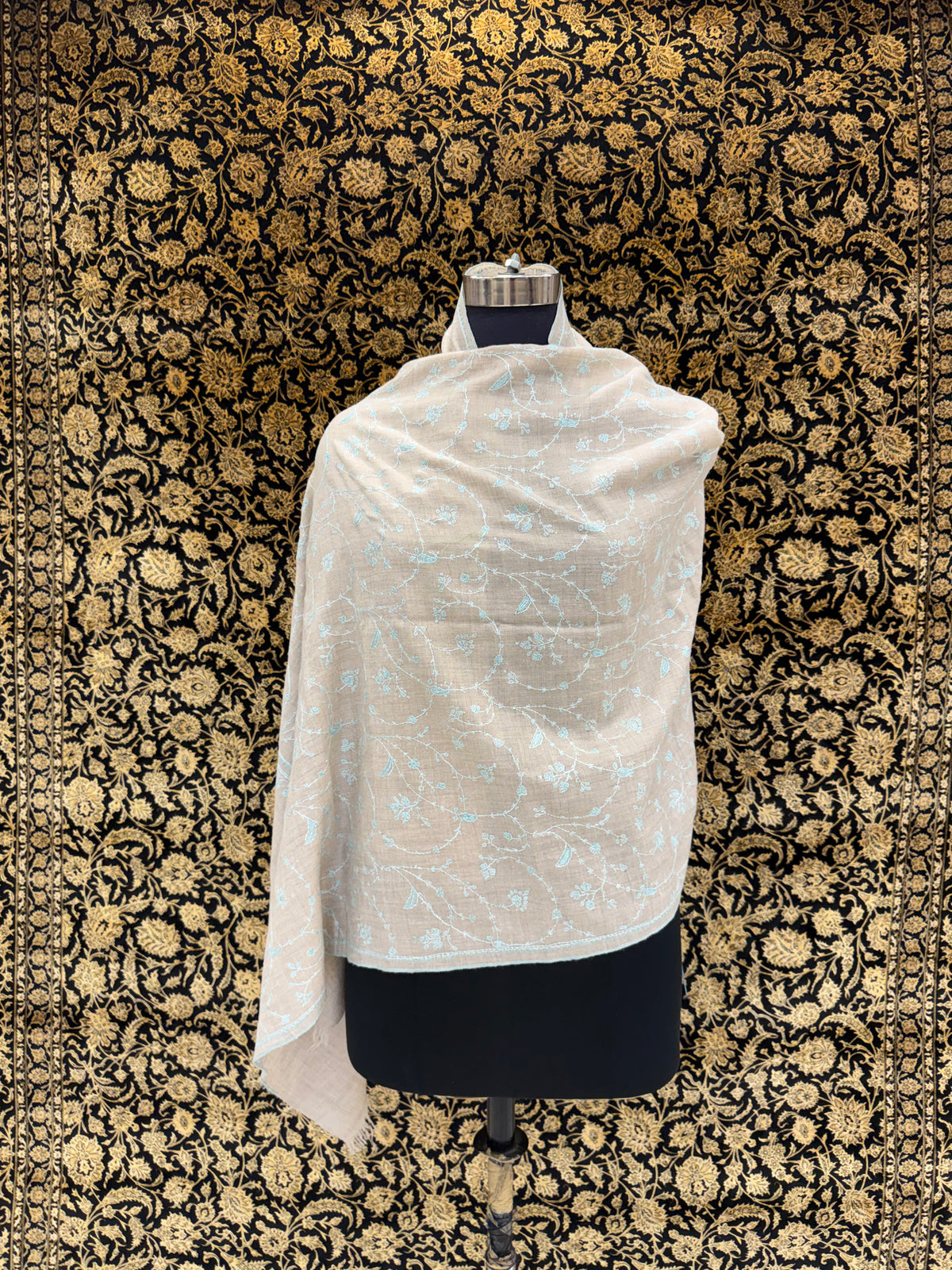 Sand Beige Jali Pashmina Stole — Powder Blue Floral Vine Embroidery