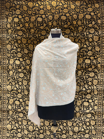 Sand Beige Jali Pashmina Stole — Powder Blue Floral Vine Embroidery