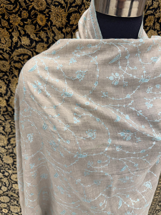 Sand Beige Jali Pashmina Stole — Powder Blue Floral Vine Embroidery