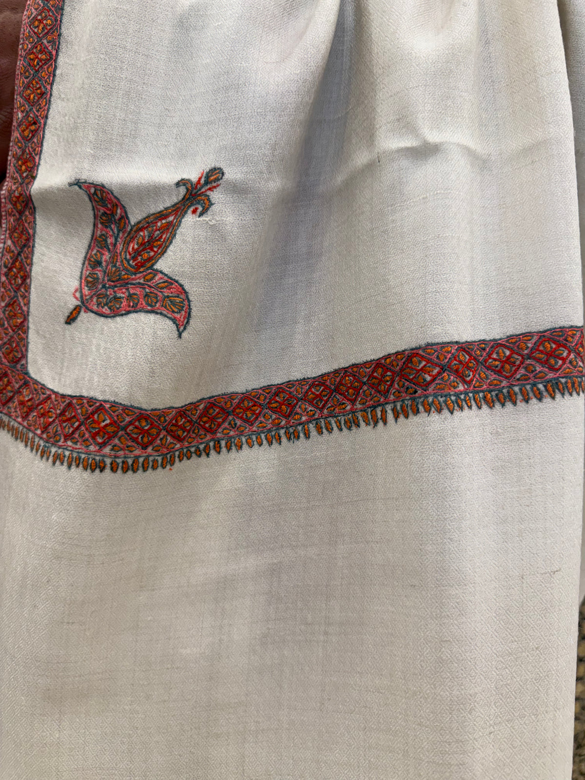 Pure White Pashmina Shawl — Crimson & Gold Sozni Border with Paisley Buti