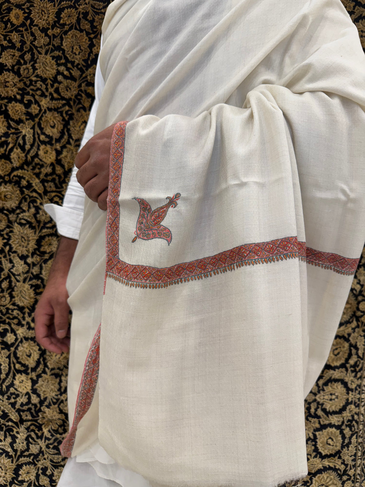 Pure White Pashmina Shawl — Crimson & Gold Sozni Border with Paisley Buti