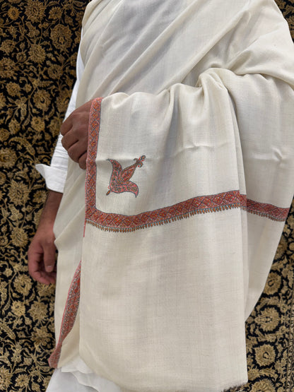 Pure White Pashmina Shawl — Crimson & Gold Sozni Border with Paisley Buti