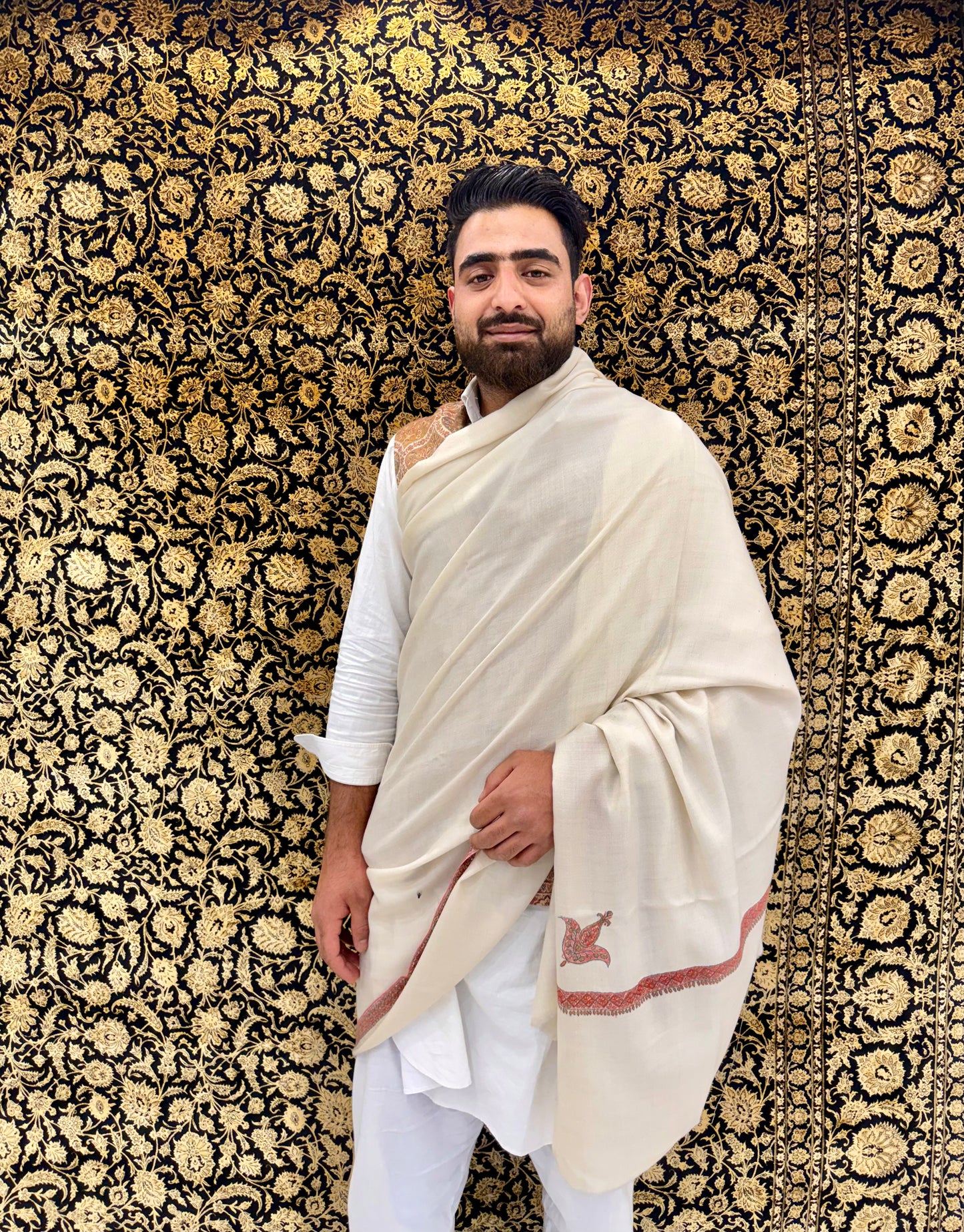 Pure White Pashmina Shawl — Crimson & Gold Sozni Border with Paisley Buti