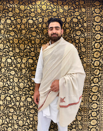 Pure White Pashmina Shawl — Crimson & Gold Sozni Border with Paisley Buti
