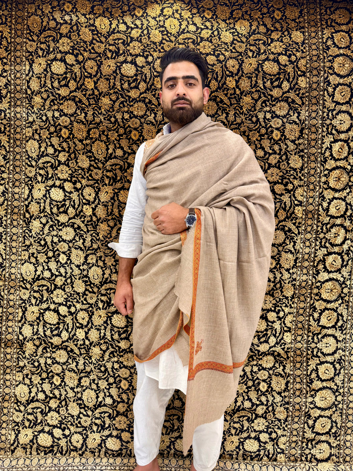 Natural Greige Men's Pashmina Shawl — Burnt Orange & Gold Sozni Border