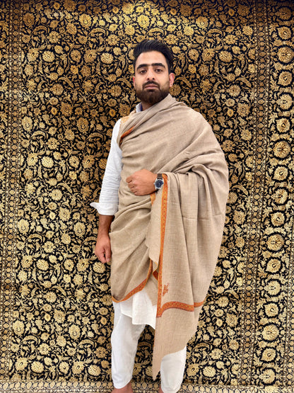 Natural Greige Men's Pashmina Shawl — Burnt Orange & Gold Sozni Border