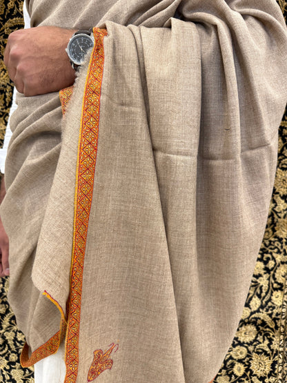 Natural Greige Men's Pashmina Shawl — Burnt Orange & Gold Sozni Border
