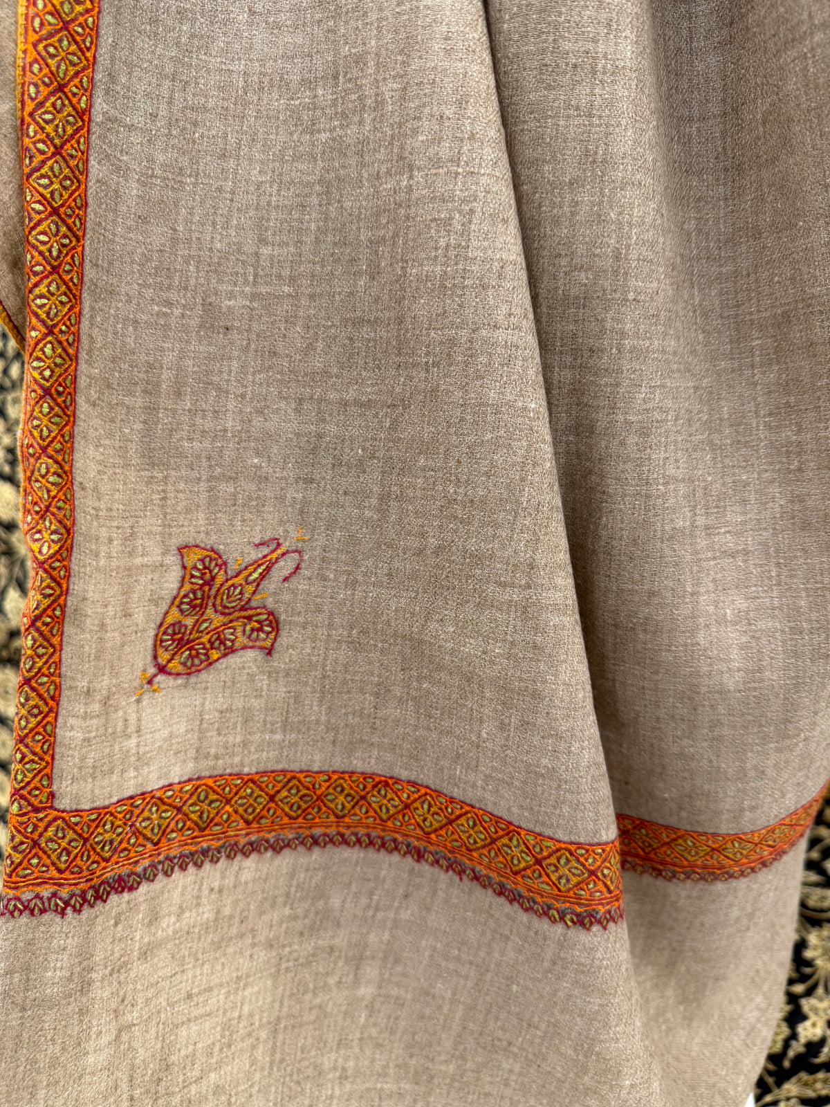 Natural Greige Men's Pashmina Shawl — Burnt Orange & Gold Sozni Border