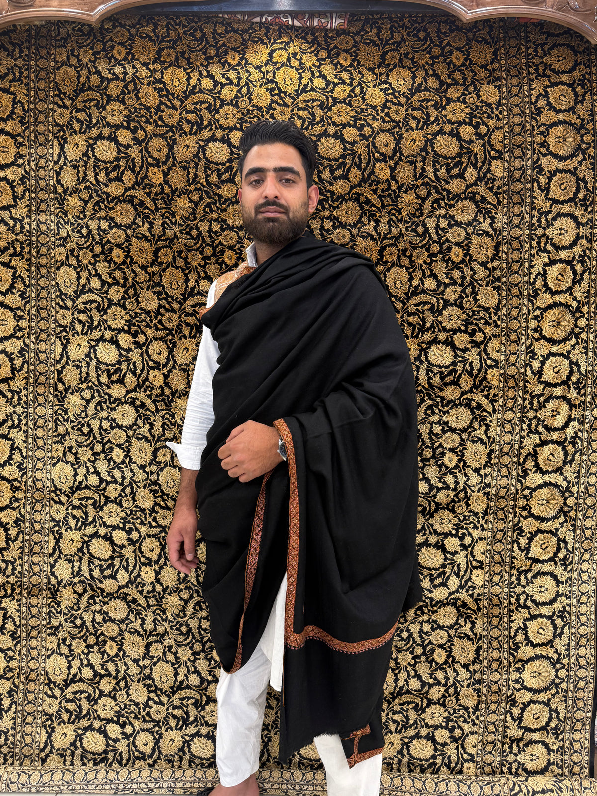 Jet Black Men's Pashmina Shawl — Amber & Pink Sozni Border