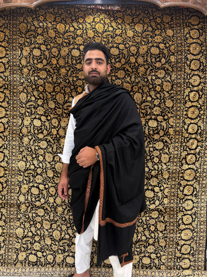 Jet Black Men's Pashmina Shawl — Amber & Pink Sozni Border