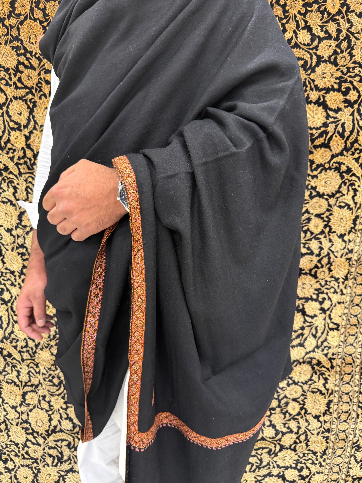 Jet Black Men's Pashmina Shawl — Amber & Pink Sozni Border
