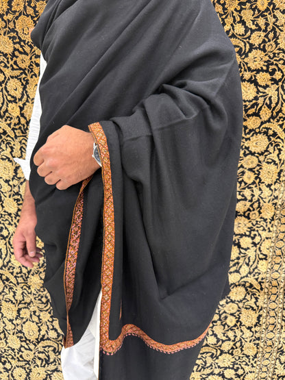 Jet Black Men's Pashmina Shawl — Amber & Pink Sozni Border