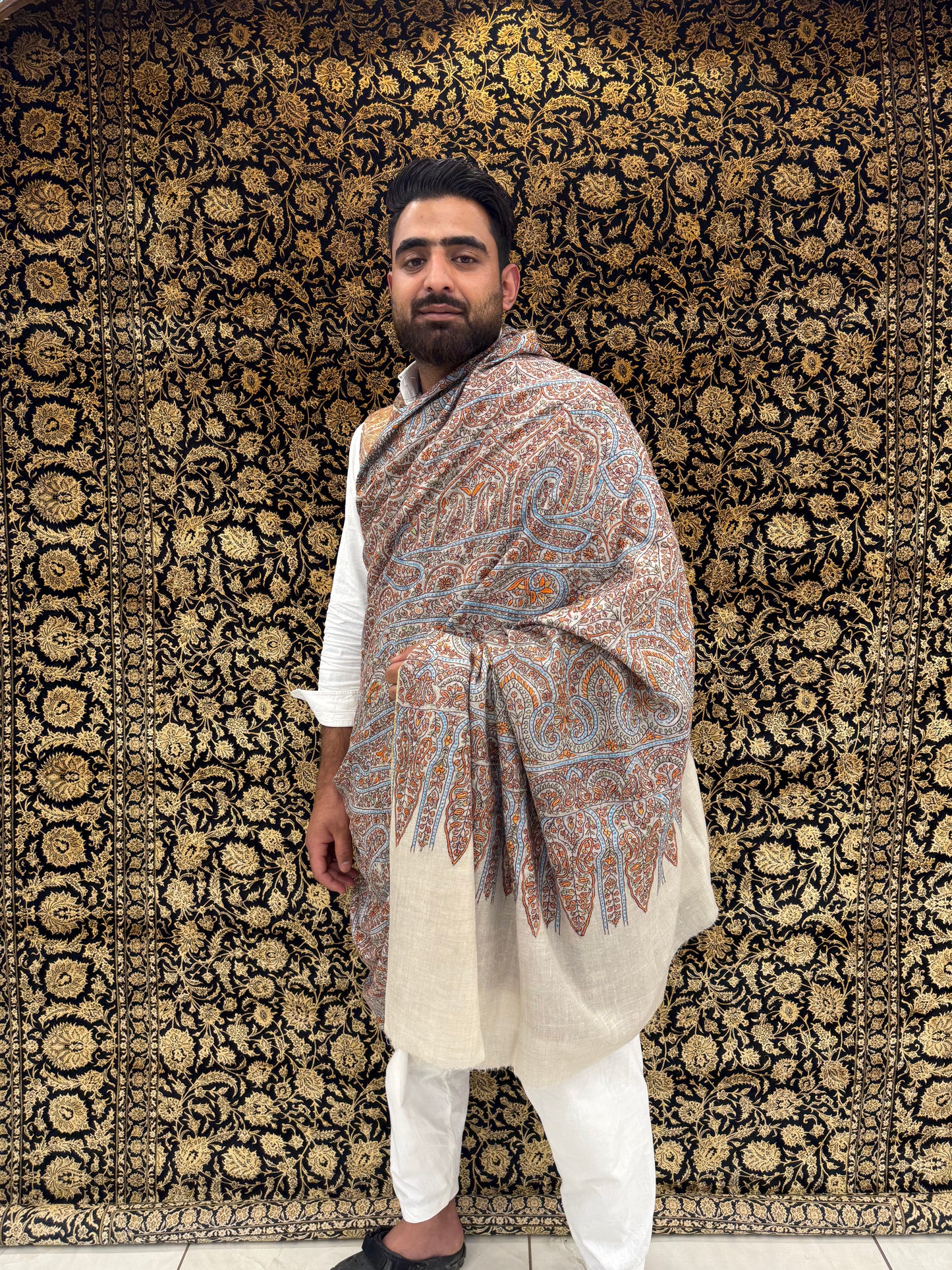 Cream Kalamkari Pashmina Shawl — Terracotta, Blue & Amber Grand Paisley
