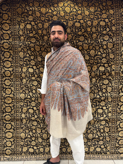 Cream Kalamkari Pashmina Shawl — Terracotta, Blue & Amber Grand Paisley