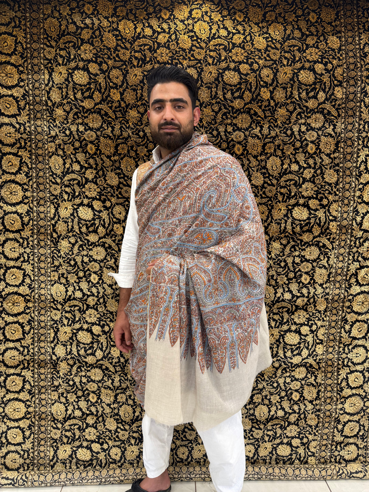 Cream Kalamkari Pashmina Shawl — Terracotta, Blue & Amber Grand Paisley