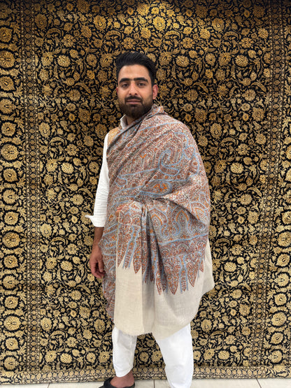 Cream Kalamkari Pashmina Shawl — Terracotta, Blue & Amber Grand Paisley