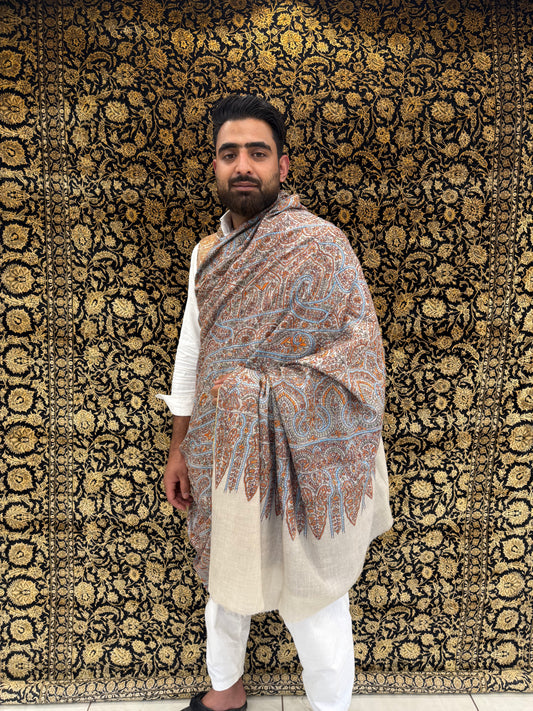 Cream Kalamkari Pashmina Shawl — Terracotta, Blue & Amber Grand Paisley