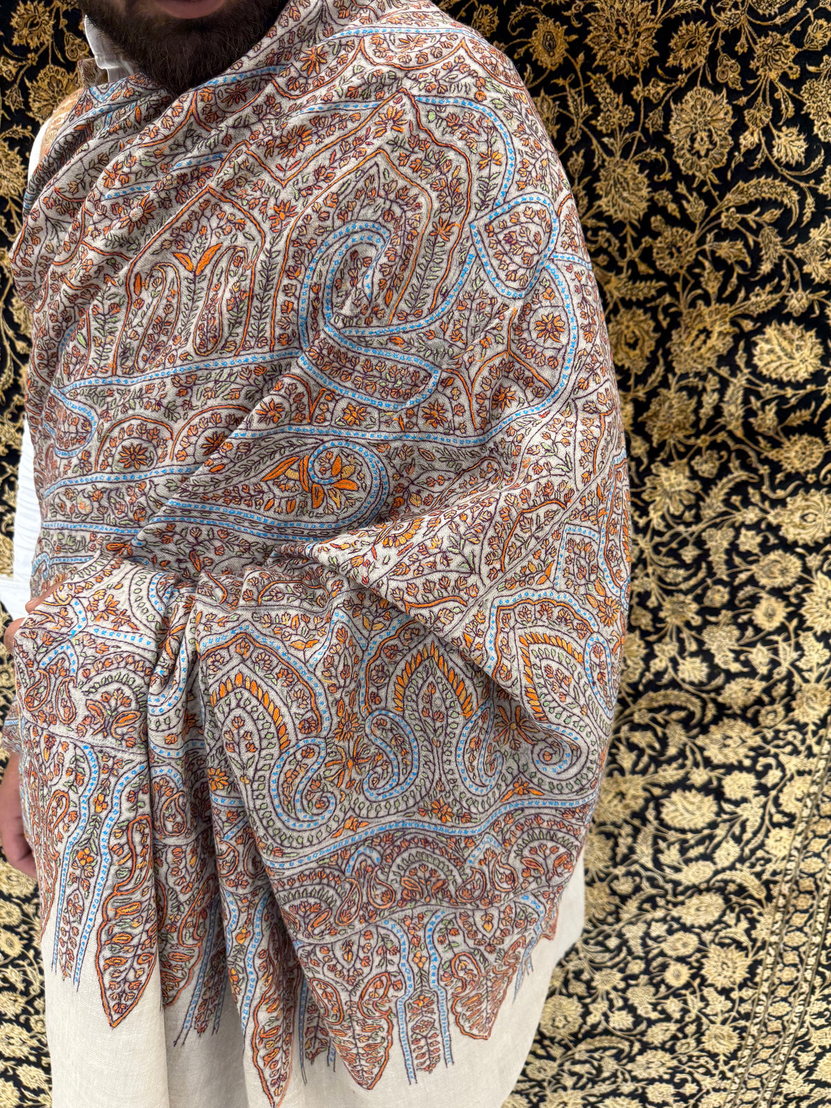 Cream Kalamkari Pashmina Shawl — Terracotta, Blue & Amber Grand Paisley
