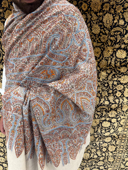 Cream Kalamkari Pashmina Shawl — Terracotta, Blue & Amber Grand Paisley