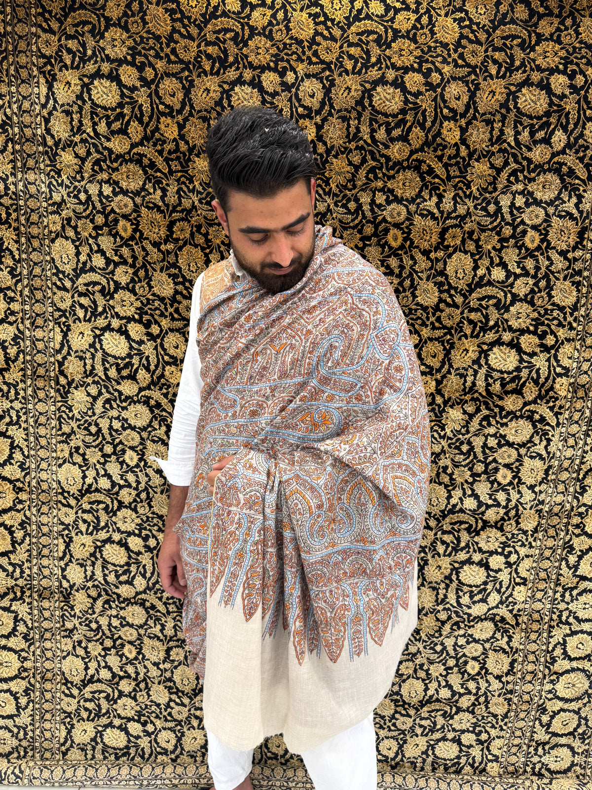 Cream Kalamkari Pashmina Shawl — Terracotta, Blue & Amber Grand Paisley