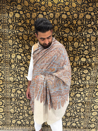 Cream Kalamkari Pashmina Shawl — Terracotta, Blue & Amber Grand Paisley