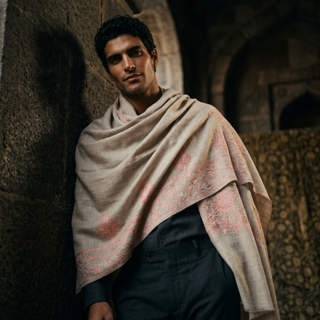 Silver Grey Pashmina Stole — Sozni Booti & Dourdar Border in Rose Pink