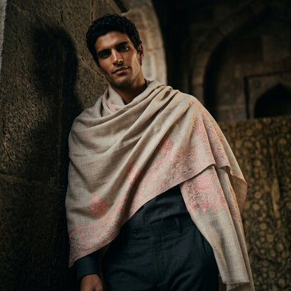 Silver Grey Pashmina Stole — Sozni Booti & Dourdar Border in Rose Pink