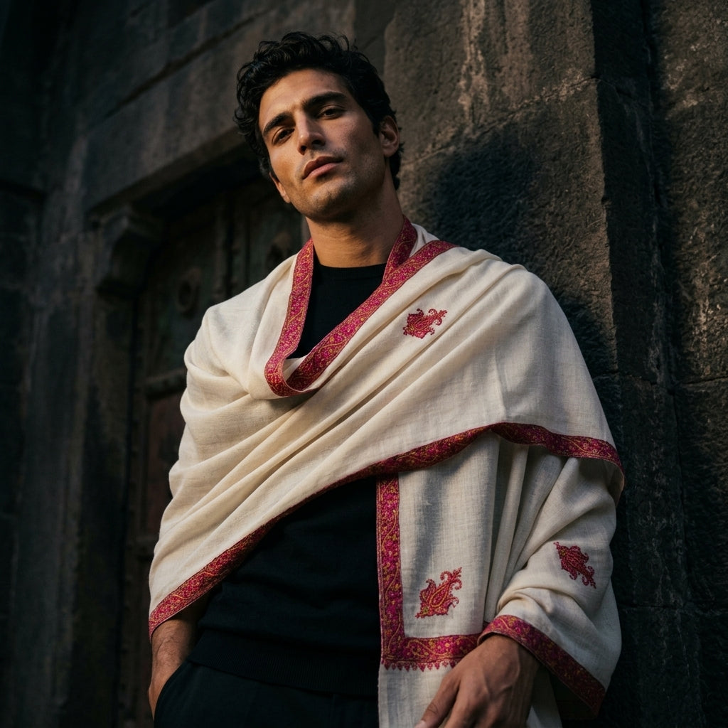 White Pashmina Stole — Magenta & Gold Sozni Embroidered Border