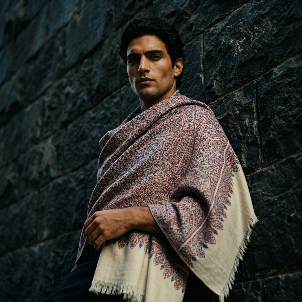 Ivory Sozni Jamawar Pashmina Shawl — All-Over Blue & Burgundy Paisley