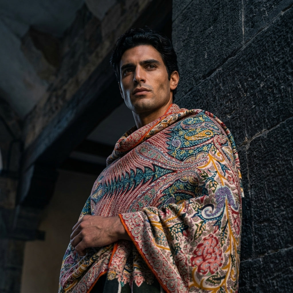Ivory Kalamkari Pashmina Shawl — Grand Multi-Colour Paisley & Floral Embroidery