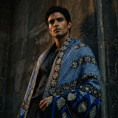 Royal Blue & Navy Jama Pashmina Shawl — Gold Wave Band Embroidery