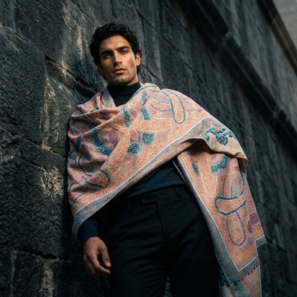 Cream Kani Jamawar Pashmina Shawl — Multicolour All-Over Paisley Weave
