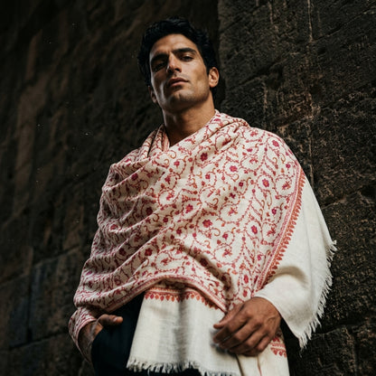 Ivory Jali Pashmina Shawl — Coral, Pink & Amber Full Floral Vine Embroidery