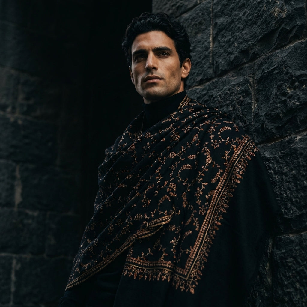 Man wearing a dark patterned shawl against a stone wall