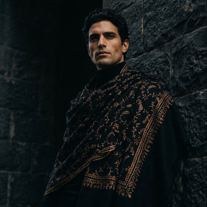 Man wearing a dark patterned shawl against a stone wall