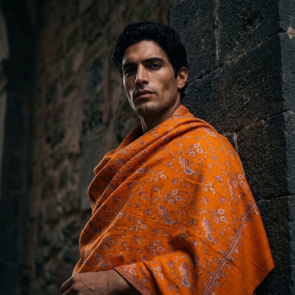 Man wearing an orange patterned shawl against a stone wall