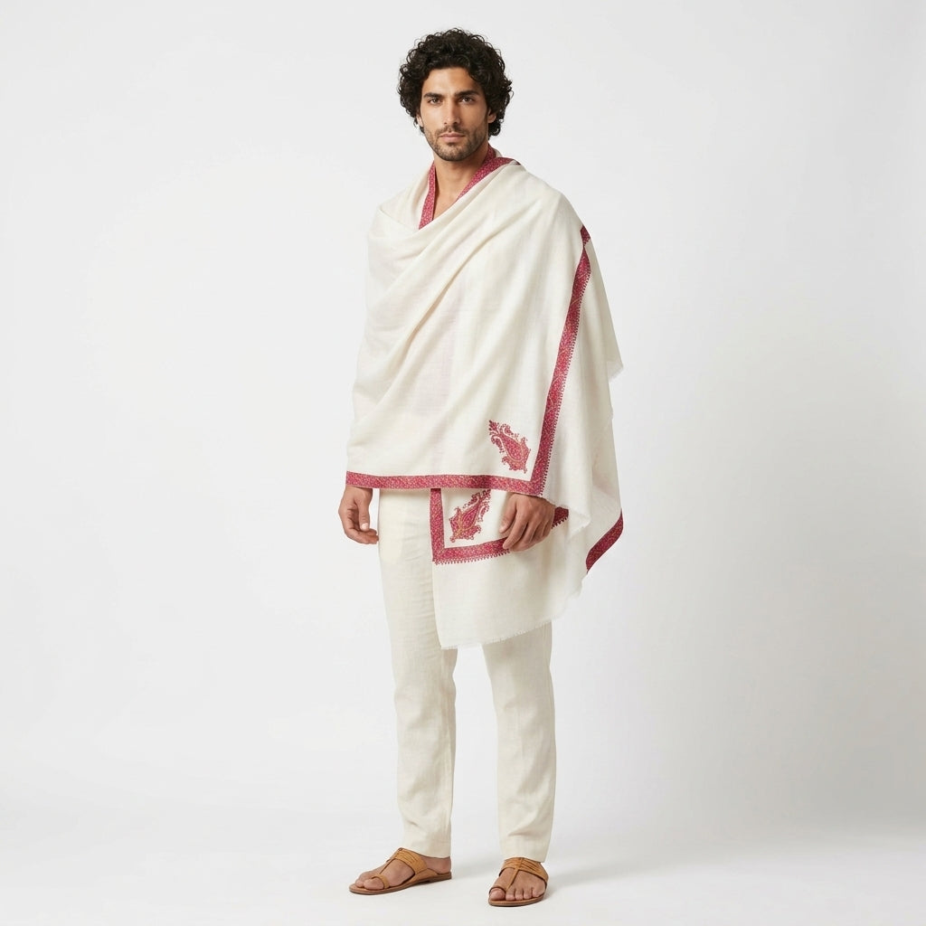White Pashmina Stole — Magenta & Gold Sozni Embroidered Border
