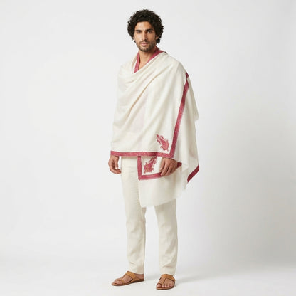 White Pashmina Stole — Magenta & Gold Sozni Embroidered Border