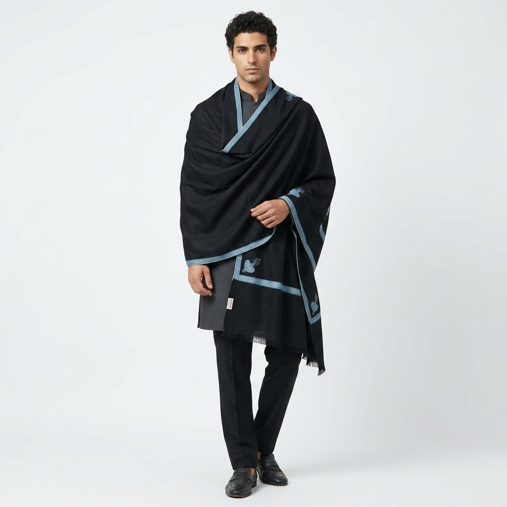 Jet Black Pashmina Stole — Steel Blue Sozni Border & Paisley Buti