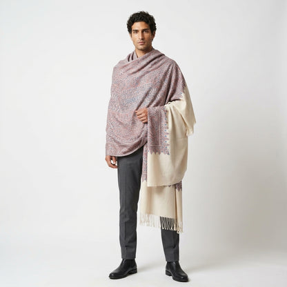 Ivory Sozni Jamawar Pashmina Shawl — All-Over Blue & Burgundy Paisley