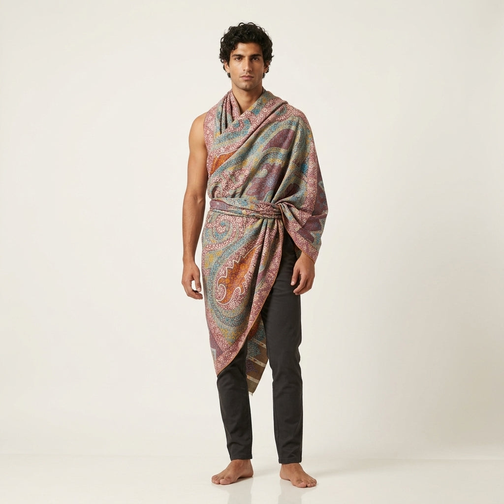 Mauve Kalamkari Toosh Shawl — Multi-Colour Grand Paisley Embroidery