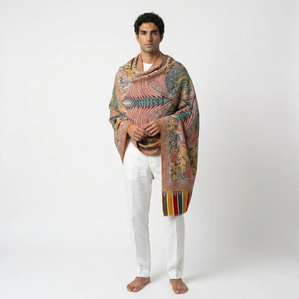 Ivory Kalamkari Pashmina Shawl — Grand Multi-Colour Paisley & Floral Embroidery