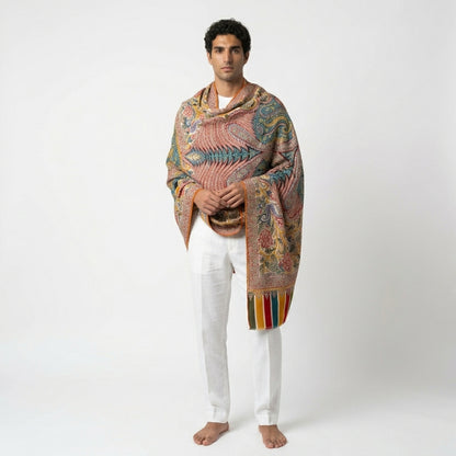 Ivory Kalamkari Pashmina Shawl — Grand Multi-Colour Paisley & Floral Embroidery
