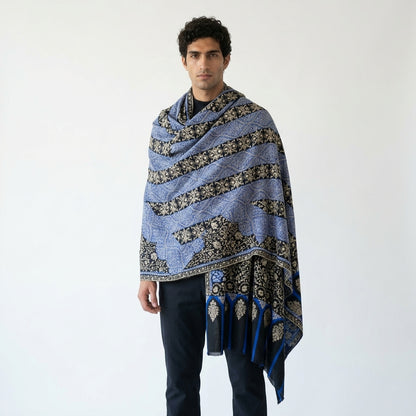 Royal Blue & Navy Jama Pashmina Shawl — Gold Wave Band Embroidery