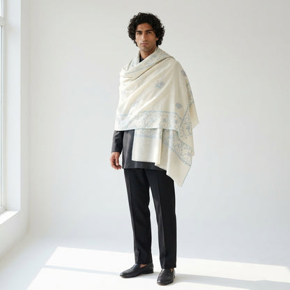 Ivory Pure Pashmina Stole — Sozni Booti & Palla in Sky Blue & Pink