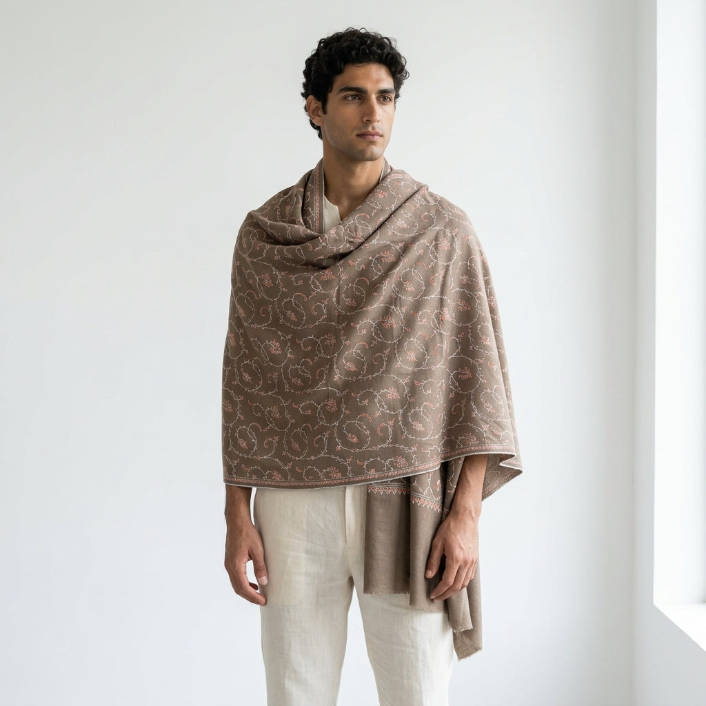 Taupe Jali Pashmina Stole — Ivory & Blush Pink Paisley Embroidery