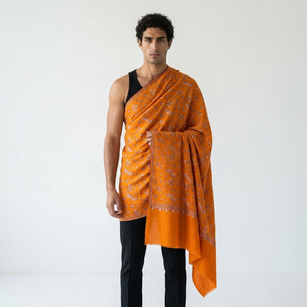 Man wearing an orange patterned scarf on a white background