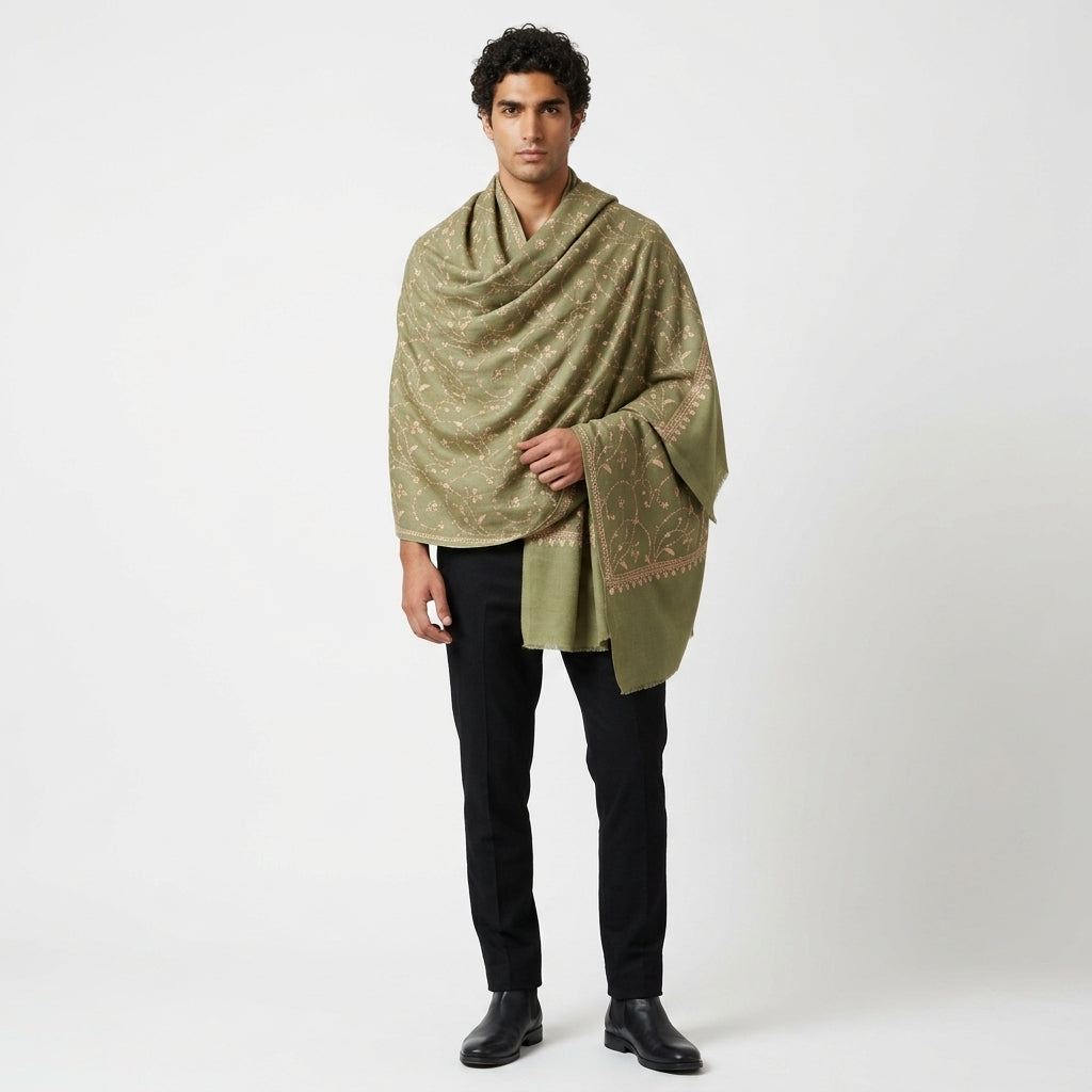 Sage Green Jali Sozni Pashmina Stole — Ivory Vine Embroidery