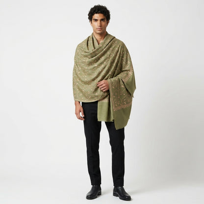 Sage Green Jali Sozni Pashmina Stole — Ivory Vine Embroidery
